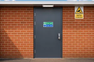 Steel fire exit door with panic hardware, fitted in York